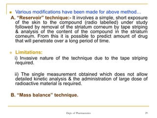 Dept. of Pharmaceutics 29
 Various modifications have been made for above method…
A. “Reservoir” technique:- It involves a simple, short exposure
of the skin to the compound (radio labelled) under study
followed by removal of the striatum corneum by tape striping
& analysis of the content of the compound in the striatum
corneum. From this it is possible to predict amount of drug
that will penetrate over a long period of time.
 Limitations:
i) Invasive nature of the technique due to the tape striping
required.
ii) The single measurement obtained which does not allow
detailed kinetic analysis & the administration of large dose of
radioactive material is required.
B. “Mass balance” technique.
 