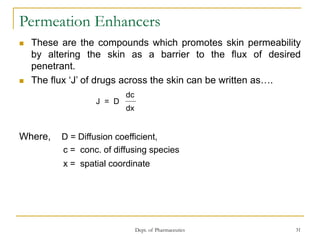 Dept. of Pharmaceutics 31
Permeation Enhancers
 These are the compounds which promotes skin permeability
by altering the skin as a barrier to the flux of desired
penetrant.
 The flux ‘J’ of drugs across the skin can be written as….
Where, D = Diffusion coefficient,
c = conc. of diffusing species
x = spatial coordinate
J = D
dc
dx
 