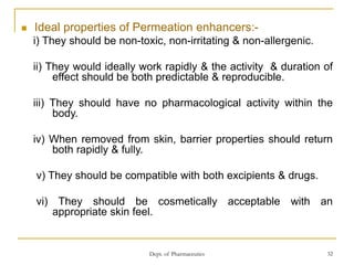 Dept. of Pharmaceutics 32
 Ideal properties of Permeation enhancers:-
i) They should be non-toxic, non-irritating & non-allergenic.
ii) They would ideally work rapidly & the activity & duration of
effect should be both predictable & reproducible.
iii) They should have no pharmacological activity within the
body.
iv) When removed from skin, barrier properties should return
both rapidly & fully.
v) They should be compatible with both excipients & drugs.
vi) They should be cosmetically acceptable with an
appropriate skin feel.
 