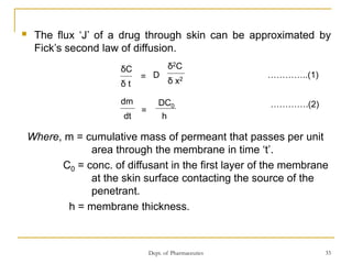 Dept. of Pharmaceutics 33
 The flux ‘J’ of a drug through skin can be approximated by
Fick’s second law of diffusion.
Where, m = cumulative mass of permeant that passes per unit
area through the membrane in time ‘t’.
C0 = conc. of diffusant in the first layer of the membrane
at the skin surface contacting the source of the
penetrant.
h = membrane thickness.
δC
δ t
D
δ2C
δ x2
…………..(1)
dm
dt
=
=
DC0
h
………….(2)
 