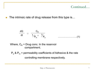 Dept. of Pharmaceutics 7
Continued…
 The intrinsic rate of drug release from this type is…
Where, CR = Drug conc. In the reservoir
compartment.
Pa & Pm = permeability coefficients of Adhesive & the rate
controlling membrane respectively.
dQ
dt
CR
1 1
Pa ……………………(1)
 