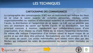 LES TECHNIQUES
CARTOGRAPHIE DES CONNAISSANCES
La cartographie des connaissances (CdC) est un instrument qui indique les lieux
où se situe le savoir (auprès de certaines personnes, médias, unités
organisationnelles ou sources d’information externes) et comment se déroulent
l’accès, la distribution et l’acquisition de ce savoir. La CdC est un premier pas
vers un inventaire du savoir qui facilite l’accès et sa distribution. Son but
principal consiste à montrer rapidement aux collaborateurs/trices d’une
organisation, d’un réseau ou d’une filière où se trouve l’expertise recherchée.
De même elle indique l’importance d’un certain savoir et lequel risque de se
perdre et qui doit donc être préservé. Normalement une CdC contient de 60 à
100 unités de savoir. Les unités individuelles sont reliées entre elles par des
flèches qui indiquent les voies de transmission du savoir (voies mentales ou
réelles).

 