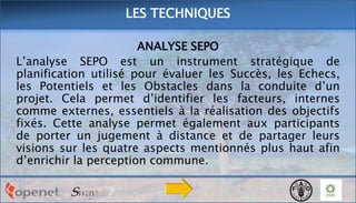LES TECHNIQUES
ANALYSE SEPO
L’analyse SEPO est un instrument stratégique de
planification utilisé pour évaluer les Succès, les Echecs,
les Potentiels et les Obstacles dans la conduite d’un
projet. Cela permet d’identifier les facteurs, internes
comme externes, essentiels à la réalisation des objectifs
fixés. Cette analyse permet également aux participants
de porter un jugement à distance et de partager leurs
visions sur les quatre aspects mentionnés plus haut afin
d’enrichir la perception commune.

 
