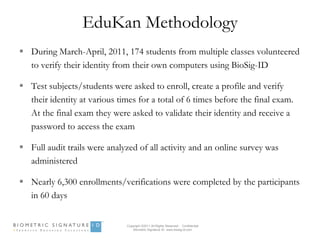 EduKan Methodology
 During March-April, 2011, 174 students from multiple classes volunteered
  to verify their identity from their own computers using BioSig-ID

 Test subjects/students were asked to enroll, create a profile and verify
  their identity at various times for a total of 6 times before the final exam.
  At the final exam they were asked to validate their identity and receive a
  password to access the exam

 Full audit trails were analyzed of all activity and an online survey was
  administered

 Nearly 6,300 enrollments/verifications were completed by the participants
  in 60 days


                               Copyright ©2011 All Rights Reserved - Confidential
                                   Biometric Signature ID www.biosig-id.com
 