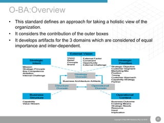 20Copyright © Real IRM Solutions (Pty) Ltd 2016
• This standard defines an approach for taking a holistic view of the
organization.
• It considers the contribution of the outer boxes
• It develops artifacts for the 3 domains which are considered of equal
importance and inter-dependent.
O-BA:Overview
 
