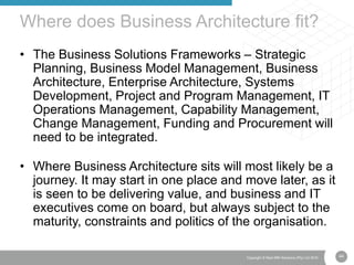 44Copyright © Real IRM Solutions (Pty) Ltd 2016
Where does Business Architecture fit?
• The Business Solutions Frameworks – Strategic
Planning, Business Model Management, Business
Architecture, Enterprise Architecture, Systems
Development, Project and Program Management, IT
Operations Management, Capability Management,
Change Management, Funding and Procurement will
need to be integrated.
• Where Business Architecture sits will most likely be a
journey. It may start in one place and move later, as it
is seen to be delivering value, and business and IT
executives come on board, but always subject to the
maturity, constraints and politics of the organisation.
 