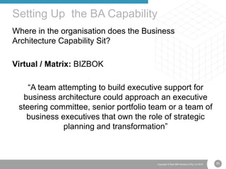 50Copyright © Real IRM Solutions (Pty) Ltd 2016
Where in the organisation does the Business
Architecture Capability Sit?
Virtual / Matrix: BIZBOK
“A team attempting to build executive support for
business architecture could approach an executive
steering committee, senior portfolio team or a team of
business executives that own the role of strategic
planning and transformation”
Setting Up the BA Capability
 