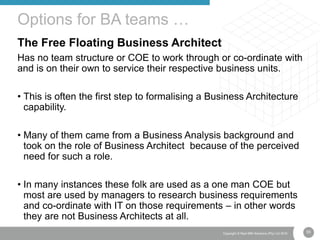 55Copyright © Real IRM Solutions (Pty) Ltd 2016
The Free Floating Business Architect
Has no team structure or COE to work through or co-ordinate with
and is on their own to service their respective business units.
• This is often the first step to formalising a Business Architecture
capability.
• Many of them came from a Business Analysis background and
took on the role of Business Architect because of the perceived
need for such a role.
• In many instances these folk are used as a one man COE but
most are used by managers to research business requirements
and co-ordinate with IT on those requirements – in other words
they are not Business Architects at all.
Options for BA teams …
 