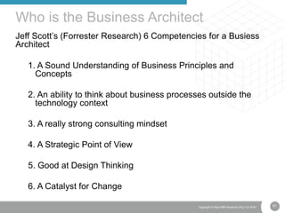 61Copyright © Real IRM Solutions (Pty) Ltd 2016
Jeff Scott’s (Forrester Research) 6 Competencies for a Busiess
Architect
1. A Sound Understanding of Business Principles and
Concepts
2. An ability to think about business processes outside the
technology context
3. A really strong consulting mindset
4. A Strategic Point of View
5. Good at Design Thinking
6. A Catalyst for Change
Who is the Business Architect
 