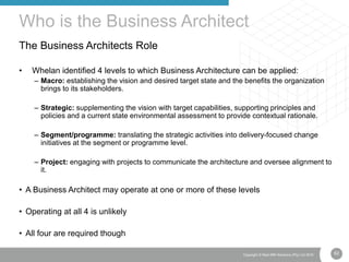 62Copyright © Real IRM Solutions (Pty) Ltd 2016
The Business Architects Role
• Whelan identified 4 levels to which Business Architecture can be applied:
– Macro: establishing the vision and desired target state and the benefits the organization
brings to its stakeholders.
– Strategic: supplementing the vision with target capabilities, supporting principles and
policies and a current state environmental assessment to provide contextual rationale.
– Segment/programme: translating the strategic activities into delivery-focused change
initiatives at the segment or programme level.
– Project: engaging with projects to communicate the architecture and oversee alignment to
it.
• A Business Architect may operate at one or more of these levels
• Operating at all 4 is unlikely
• All four are required though
Who is the Business Architect
 