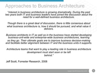 2Copyright © Real IRM Solutions (Pty) Ltd 2016
“Interest in business architecture is growing dramatically. During the past
two years both IT and business leaders have joined the discussion about the
need for a well-defined business architecture.
Though there is a great deal of discussion, there is little consensus about
what business architecture is, how it should be pursued, and what value it
delivers.
Business architects in IT as well as in the business have started developing
business-unit-wide and enterprise-wide business architectures, learning
as they go. Their ultimate goals are to improve business decision-making
and facilitate better alignment between IT and the business units it supports.
Architecture teams that want to play a leading role in business architecture
development must start soon or be left
behind.”
Jeff Scott, Forrester Research, 2008
Approaches to Business Architecture
 