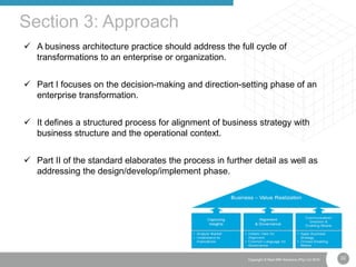 22Copyright © Real IRM Solutions (Pty) Ltd 2016
 A business architecture practice should address the full cycle of
transformations to an enterprise or organization.
 Part I focuses on the decision-making and direction-setting phase of an
enterprise transformation.
 It defines a structured process for alignment of business strategy with
business structure and the operational context.
 Part II of the standard elaborates the process in further detail as well as
addressing the design/develop/implement phase.
Section 3: Approach
 