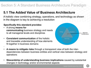 30Copyright © Real IRM Solutions (Pty) Ltd 2016
5.1 The Added Value of Business Architecture
A holistic view combining strategy, operations, and technology as shown
in the diagram is key to achieving a resolution
Section 5: A Standard Business Architecture Paradigm
Specifically this standard provides:
• A strong means for
communicating business strategy and needs
to all managerial levels and disciplines
• Consistent communication of the holistic
and traceable understanding of how elements
fit together in business domains
·
• A means to mitigate risks through a transparent view of both the inter-
dependencies between business entities and vertical view between strategy and
operations
• Stewardship of understanding business implications caused by substantial
changes in technology and/or environmental aspects
 