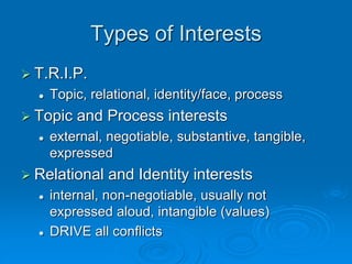 Types of Interests
 T.R.I.P.
 Topic, relational, identity/face, process
 Topic and Process interests
 external, negotiable, substantive, tangible,
expressed
 Relational and Identity interests
 internal, non-negotiable, usually not
expressed aloud, intangible (values)
 DRIVE all conflicts
 