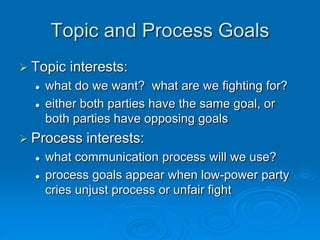 Topic and Process Goals
 Topic interests:
 what do we want? what are we fighting for?
 either both parties have the same goal, or
both parties have opposing goals
 Process interests:
 what communication process will we use?
 process goals appear when low-power party
cries unjust process or unfair fight
 