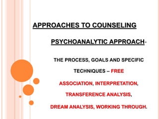 APPROACHES TO COUNSELING
PSYCHOANALYTIC APPROACH-
THE PROCESS, GOALS AND SPECIFIC
TECHNIQUES – FREE
ASSOCIATION, INTERPRETATION,
TRANSFERENCE ANALYSIS,
DREAM ANALYSIS, WORKING THROUGH.
 