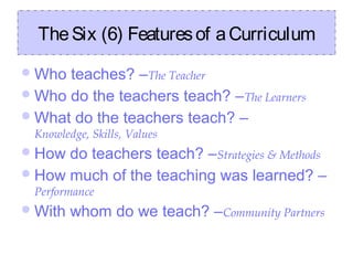 The Six (6) Features of a Curriculum
 Who teaches? –The Teacher
 Who do the teachers teach? – The Learners
 What do the teachers teach? –
 Knowledge, Skills, Values
 How do teachers teach? –Strategies & Methods
 How much of the teaching was learned? –
 Performance
 With   whom do we teach? –Community Partners
 