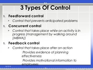 3 Types Of Control
1. Feedforward control
 Control that prevents anticipated problems
1. Concurrent control
 Control that takes place while an activity is in
progress (management by walking around
[MBWA])
1. Feedback control
 Control that takes place after an action
Provides evidence of planning
effectiveness
Provides motivational information to
employees06/30/14
CHRISTOPHER P. ZAMORA / Module 8
 