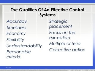 The Qualities Of An Effective Control
Systems
Accuracy
Timeliness
Economy
Flexibility
Understandability
Reasonable
criteria
Strategic
placement
Focus on the
exception
Multiple criteria
Corrective action
06/30/14
CHRISTOPHER P. ZAMORA / Module 8
 