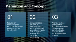 Definition and Concept
Focuses on
measuring the
economic returns of
education as an
investment.
01
Compares costs
incurred in
education (input)
with the benefits it
generates (output),
such as higher
earnings and
increased
productivity.
02
Aligns with the
principle that
education enhances
human capital,
contributing to
individual and
societal economic
growth.
03
 