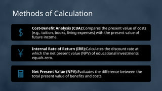 Methods of Calculation
Cost-Benefit Analysis (CBA):Compares the present value of costs
(e.g., tuition, books, living expenses) with the present value of
future income.
Internal Rate of Return (IRR):Calculates the discount rate at
which the net present value (NPV) of educational investments
equals zero.
Net Present Value (NPV):Evaluates the difference between the
total present value of benefits and costs.
 