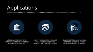 Applications
USED BY GOVERNMENTS TO
JUSTIFY INVESTMENTS IN SPECIFIC
EDUCATIONAL SECTORS.
HELPS POLICYMAKERS FORECAST
THE LONG-TERM ECONOMIC
IMPACTS OF EDUCATION SYSTEMS.
GUIDES INDIVIDUALS IN MAKING
INFORMED DECISIONS ABOUT
THEIR EDUCATIONAL PATHWAYS.
 