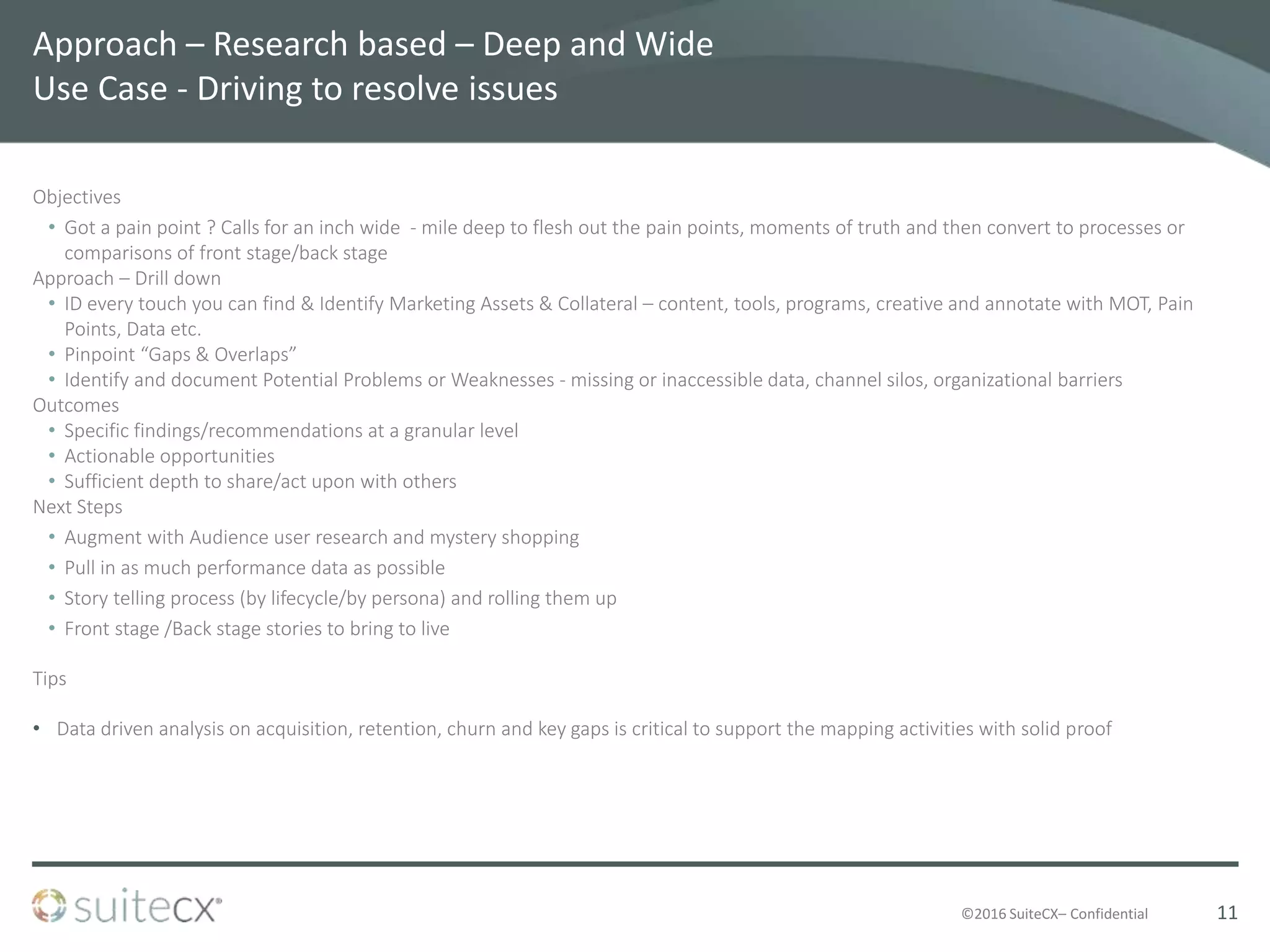 ©2016 SuiteCX– Confidential
Approach – Research based – Deep and Wide
Use Case - Driving to resolve issues
Objectives
• Got a pain point ? Calls for an inch wide - mile deep to flesh out the pain points, moments of truth and then convert to processes or
comparisons of front stage/back stage
Approach – Drill down
• ID every touch you can find & Identify Marketing Assets & Collateral – content, tools, programs, creative and annotate with MOT, Pain
Points, Data etc.
• Pinpoint “Gaps & Overlaps”
• Identify and document Potential Problems or Weaknesses - missing or inaccessible data, channel silos, organizational barriers
Outcomes
• Specific findings/recommendations at a granular level
• Actionable opportunities
• Sufficient depth to share/act upon with others
Next Steps
• Augment with Audience user research and mystery shopping
• Pull in as much performance data as possible
• Story telling process (by lifecycle/by persona) and rolling them up
• Front stage /Back stage stories to bring to live
Tips
• Data driven analysis on acquisition, retention, churn and key gaps is critical to support the mapping activities with solid proof
11
 
