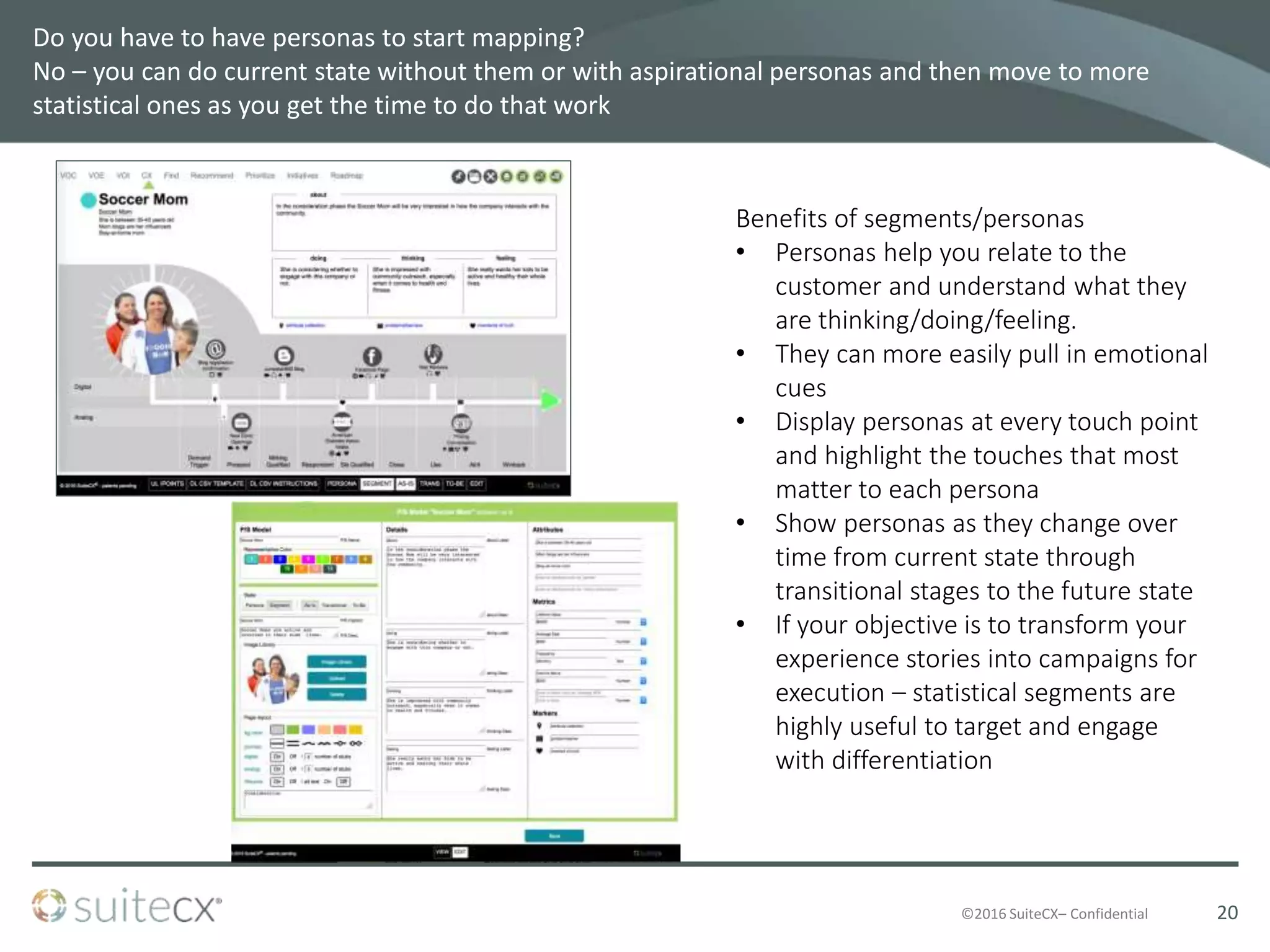©2016 SuiteCX– Confidential
Do you have to have personas to start mapping?
No – you can do current state without them or with aspirational personas and then move to more
statistical ones as you get the time to do that work
20
Benefits of segments/personas
• Personas help you relate to the
customer and understand what they
are thinking/doing/feeling.
• They can more easily pull in emotional
cues
• Display personas at every touch point
and highlight the touches that most
matter to each persona
• Show personas as they change over
time from current state through
transitional stages to the future state
• If your objective is to transform your
experience stories into campaigns for
execution – statistical segments are
highly useful to target and engage
with differentiation
 