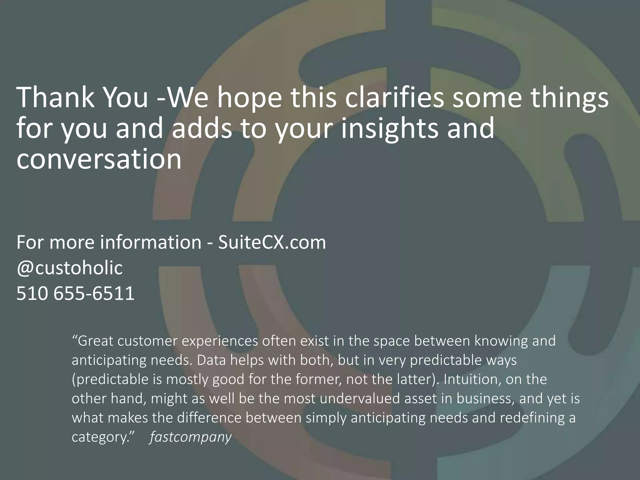 For more information - SuiteCX.com
@custoholic
510 655-6511
Thank You -We hope this clarifies some things
for you and adds to your insights and
conversation
“Great customer experiences often exist in the space between knowing and
anticipating needs. Data helps with both, but in very predictable ways
(predictable is mostly good for the former, not the latter). Intuition, on the
other hand, might as well be the most undervalued asset in business, and yet is
what makes the difference between simply anticipating needs and redefining a
category.” fastcompany
 