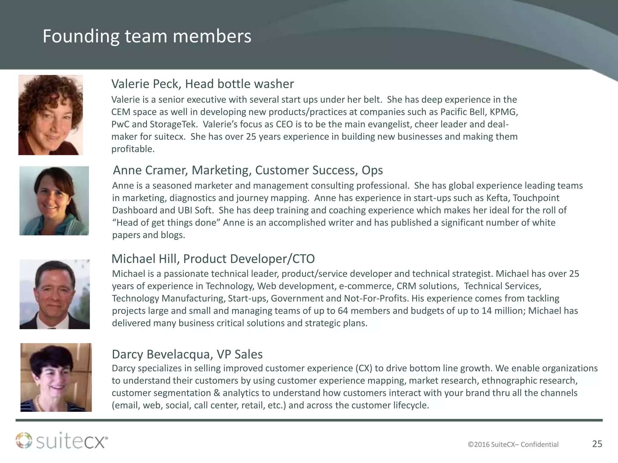 ©2016 SuiteCX– Confidential
Founding team members
Valerie is a senior executive with several start ups under her belt. She has deep experience in the
CEM space as well in developing new products/practices at companies such as Pacific Bell, KPMG,
PwC and StorageTek. Valerie’s focus as CEO is to be the main evangelist, cheer leader and deal-
maker for suitecx. She has over 25 years experience in building new businesses and making them
profitable.
Valerie Peck, Head bottle washer
Michael Hill, Product Developer/CTO
Anne Cramer, Marketing, Customer Success, Ops
Michael is a passionate technical leader, product/service developer and technical strategist. Michael has over 25
years of experience in Technology, Web development, e-commerce, CRM solutions, Technical Services,
Technology Manufacturing, Start-ups, Government and Not-For-Profits. His experience comes from tackling
projects large and small and managing teams of up to 64 members and budgets of up to 14 million; Michael has
delivered many business critical solutions and strategic plans.
Anne is a seasoned marketer and management consulting professional. She has global experience leading teams
in marketing, diagnostics and journey mapping. Anne has experience in start-ups such as Kefta, Touchpoint
Dashboard and UBI Soft. She has deep training and coaching experience which makes her ideal for the roll of
“Head of get things done” Anne is an accomplished writer and has published a significant number of white
papers and blogs.
Darcy specializes in selling improved customer experience (CX) to drive bottom line growth. We enable organizations
to understand their customers by using customer experience mapping, market research, ethnographic research,
customer segmentation & analytics to understand how customers interact with your brand thru all the channels
(email, web, social, call center, retail, etc.) and across the customer lifecycle.
Darcy Bevelacqua, VP Sales
25
 