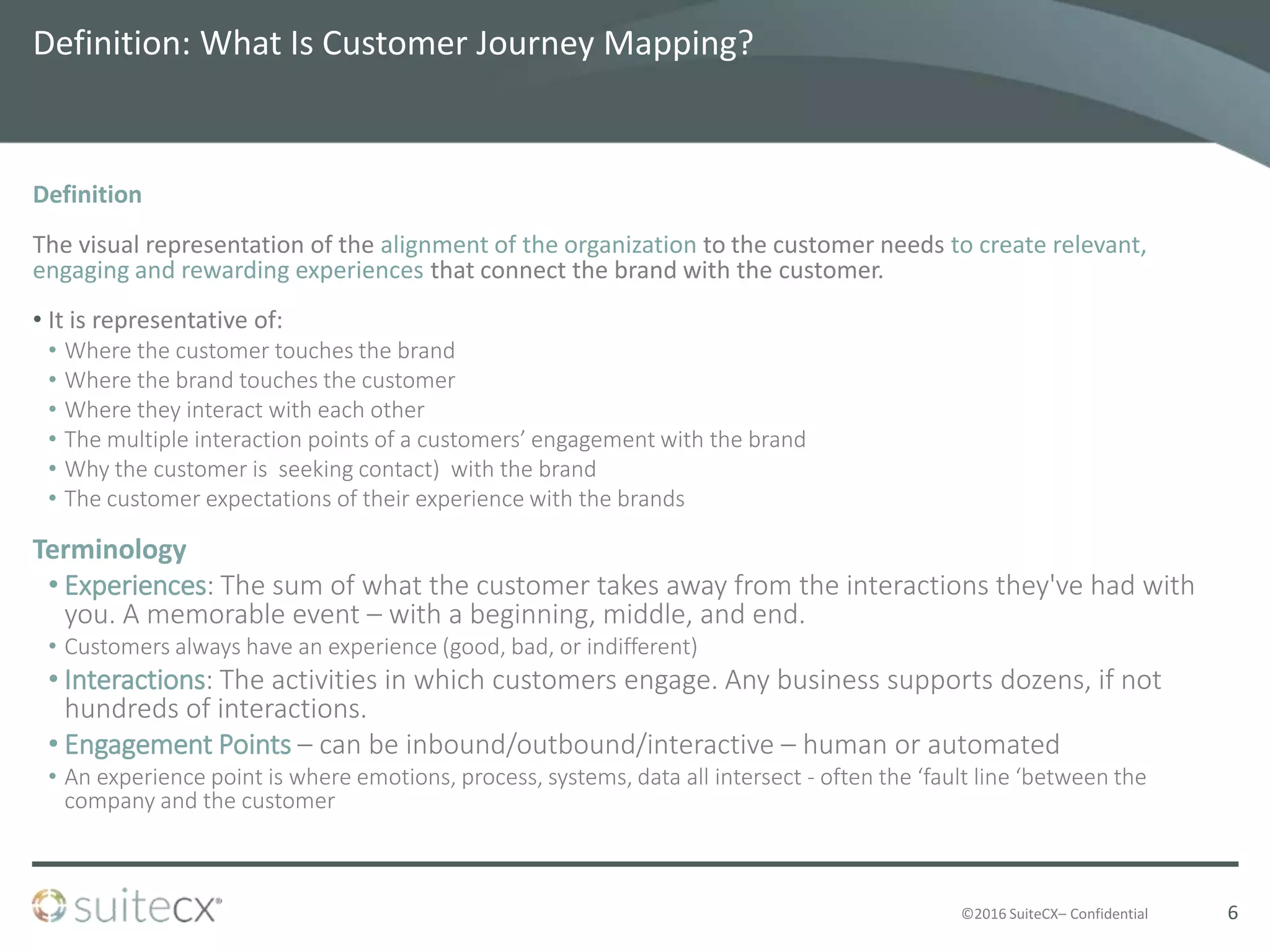 ©2016 SuiteCX– Confidential
Definition: What Is Customer Journey Mapping?
Definition
The visual representation of the alignment of the organization to the customer needs to create relevant,
engaging and rewarding experiences that connect the brand with the customer.
• It is representative of:
• Where the customer touches the brand
• Where the brand touches the customer
• Where they interact with each other
• The multiple interaction points of a customers’ engagement with the brand
• Why the customer is seeking contact) with the brand
• The customer expectations of their experience with the brands
Terminology
• Experiences: The sum of what the customer takes away from the interactions they've had with
you. A memorable event – with a beginning, middle, and end.
• Customers always have an experience (good, bad, or indifferent)
• Interactions: The activities in which customers engage. Any business supports dozens, if not
hundreds of interactions.
• Engagement Points – can be inbound/outbound/interactive – human or automated
• An experience point is where emotions, process, systems, data all intersect - often the ‘fault line ‘between the
company and the customer
6
 