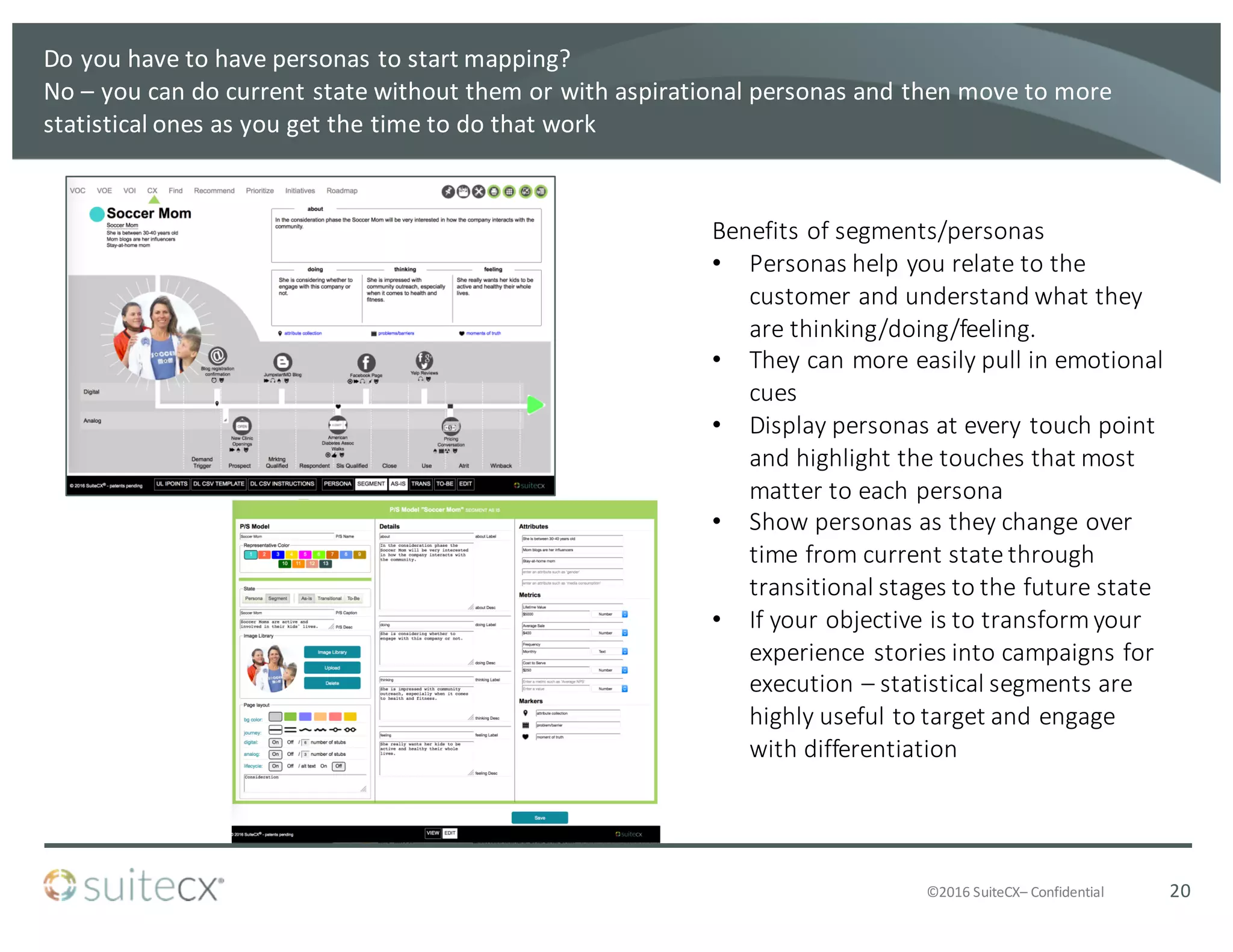 ©2016	
  SuiteCX– Confidential
Do	
  you	
  have	
  to	
  have	
  personas	
  to	
  start	
  mapping?
No	
  – you	
  can	
  do	
  current	
  state	
  without	
  them	
  or	
  with	
  aspirational	
  personas	
  and	
  then	
  move	
  to	
  more	
  
statistical	
  ones	
  as	
  you	
  get	
  the	
  time	
  to	
  do	
  that	
  work
20
Benefits	
  of	
  segments/personas
• Personas	
  help	
  you	
  relate	
  to	
  the	
  
customer	
  and	
  understand	
  what	
  they	
  
are	
  thinking/doing/feeling.
• They	
  can	
  more	
  easily	
  pull	
  in	
  emotional	
  
cues
• Display	
  personas	
  at	
  every	
  touch	
  point	
  
and	
  highlight	
  the	
  touches	
  that	
  most	
  
matter	
  to	
  each	
  persona
• Show	
  personas	
  as	
  they	
  change	
  over	
  
time	
  from	
  current	
  state	
  through	
  
transitional	
  stages	
  to	
  the	
  future	
  state
• If	
  your	
  objective	
  is	
  to	
  transform	
  your	
  
experience	
  stories	
  into	
  campaigns	
  for	
  
execution	
  – statistical	
  segments	
  are	
  
highly	
  useful	
  to	
  target	
  and	
  engage	
  
with	
  differentiation
 