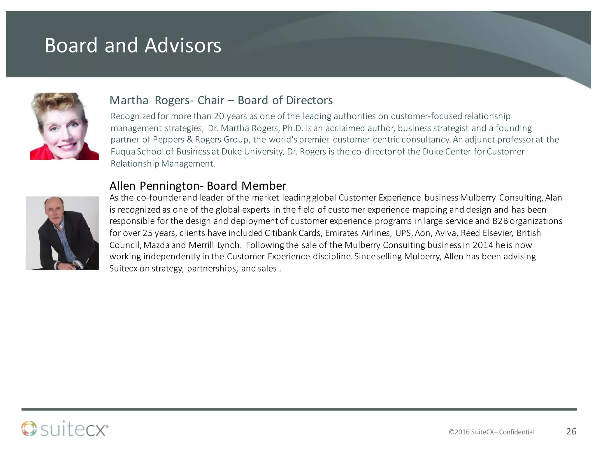 ©2016	
  SuiteCX– Confidential
Board	
  and	
  Advisors
Martha	
  	
  Rogers-­‐ Chair	
  – Board	
  of	
  Directors	
  
Recognized	
  for	
  more	
  than	
  20	
  years	
  as	
  one	
  of	
  the	
  leading	
  authorities	
  on	
  customer-­‐focused	
  relationship	
  
management	
  strategies,	
   Dr.	
  Martha	
  Rogers,	
  Ph.D.	
  is	
  an	
  acclaimed	
  author,	
  business	
  strategist	
  and	
  a	
  founding	
  
partner	
  of	
  Peppers	
  &	
  Rogers	
  Group,	
  the	
  world's	
  premier	
   customer-­‐centric	
  consultancy.	
  An	
  adjunct	
  professor	
  at	
  the	
  
Fuqua	
  School	
  of	
  Business	
  at	
  Duke	
  University,	
  Dr.	
  Rogers	
  is	
  the	
  co-­‐director	
  of	
  the	
  Duke	
  Center	
  for	
  Customer	
  
Relationship	
  Management.	
  
Allen	
  Pennington-­‐ Board	
  Member	
  
As	
  the	
  co-­‐founder	
  and	
  leader	
  of	
  the	
  market	
  leading	
  global	
  Customer	
  Experience	
   business	
  Mulberry	
  Consulting,	
  Alan	
  
is	
  recognized	
  as	
  one	
  of	
  the	
  global	
  experts	
  in	
  the	
  field	
  of	
  customer	
  experience	
  mapping	
  and	
  design	
  and	
  has	
  been	
  
responsible	
  for	
  the	
  design	
  and	
  deployment	
  of	
  customer	
  experience	
  programs	
  in	
  large	
  service	
  and	
  B2B	
  organizations	
  
for	
  over	
  25	
  years,	
  clients	
  have	
  included	
  Citibank	
  Cards,	
  Emirates	
  Airlines,	
  UPS,	
  Aon,	
  Aviva,	
  Reed	
  Elsevier,	
  British	
  
Council,	
  Mazda	
  and	
  Merrill	
  Lynch.	
  	
  Following	
  the	
  sale	
  of	
  the	
  Mulberry	
  Consulting	
  business	
  in	
  2014	
  he	
  is	
  now	
  
working	
  independently	
  in	
  the	
  Customer	
  Experience	
  discipline.	
  Since	
  selling	
  Mulberry,	
  Allen	
  has	
  been	
  advising	
  
Suitecx	
  on	
  strategy,	
  partnerships,	
  and	
  sales	
  .	
  
26
 