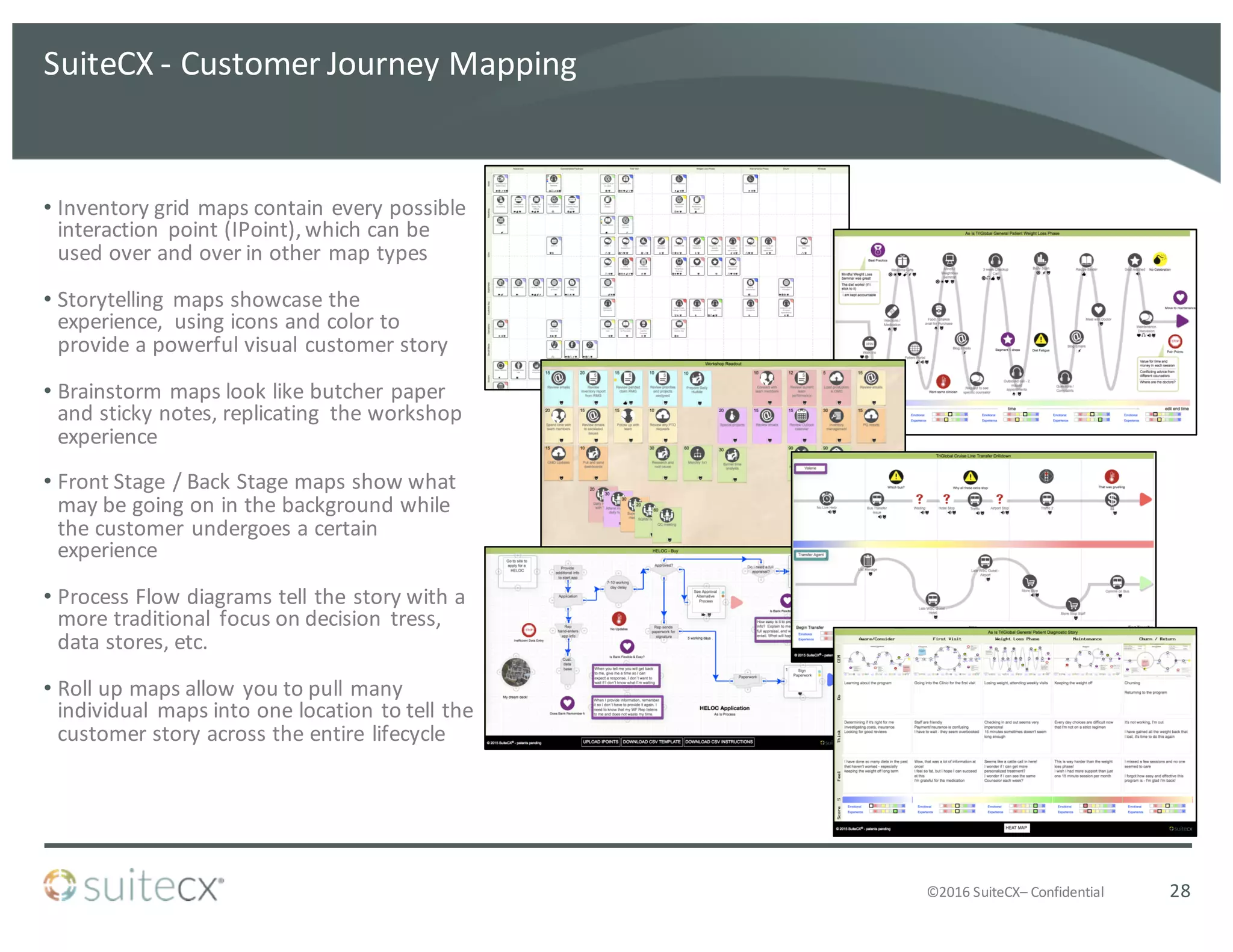 ©2016	
  SuiteCX– Confidential
SuiteCX	
  -­‐ Customer	
  Journey	
  Mapping
• Inventory	
  grid	
  maps	
  contain	
  every	
  possible	
  
interaction	
   point	
  (IPoint),	
  which	
  can	
  be	
  
used	
  over	
  and	
  over	
  in	
  other	
  map	
  types
• Storytelling	
   maps	
  showcase	
  the	
  
experience,	
   using	
  icons	
  and	
  color	
  to	
  
provide	
  a	
  powerful	
  visual	
  customer	
  story
• Brainstorm	
  maps	
  look	
  like	
  butcher	
  paper	
  
and	
  sticky	
  notes,	
  replicating	
   the	
  workshop	
  
experience
• Front	
  Stage	
  /	
  Back	
  Stage	
  maps	
  show	
  what	
  
may	
  be	
  going	
  on	
  in	
  the	
  background	
  while	
  
the	
  customer	
  undergoes	
  a	
  certain	
  
experience
• Process	
  Flow	
  diagrams	
  tell	
  the	
  story	
  with	
  a	
  
more	
  traditional	
   focus	
  on	
  decision	
   tress,	
  
data	
  stores,	
  etc.
• Roll	
  up	
  maps	
  allow	
  you	
  to	
  pull	
  many	
  
individual	
   maps	
  into	
  one	
  location	
  to	
  tell	
  the	
  
customer	
  story	
  across	
  the	
  entire	
  lifecycle
28
 