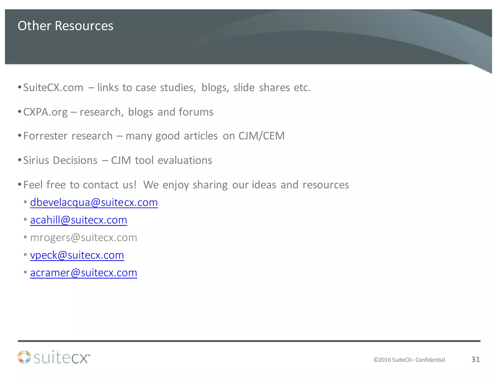 ©2016	
  SuiteCX– Confidential
Other	
  Resources
•SuiteCX.com	
   – links	
  to	
  case	
  studies,	
   blogs,	
  slide	
  shares	
  etc.
•CXPA.org	
  – research,	
  blogs	
  and	
  forums
•Forrester	
  research	
  – many	
  good	
  articles	
   on	
  CJM/CEM
•Sirius	
  Decisions	
   – CJM	
  tool	
  evaluations
•Feel	
  free	
  to	
  contact	
  us!	
  	
  We	
  enjoy	
  sharing	
  our	
  ideas	
  and	
  resources
• dbevelacqua@suitecx.com
• acahill@suitecx.com
• mrogers@suitecx.com
• vpeck@suitecx.com
• acramer@suitecx.com
31
 