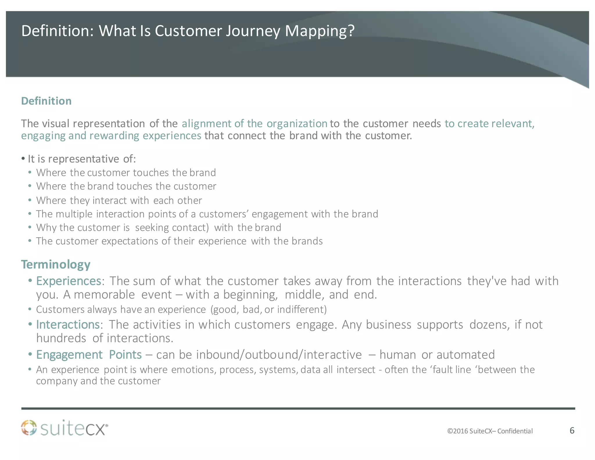 ©2016	
  SuiteCX– Confidential
Definition:	
  What	
  Is	
  Customer	
  Journey	
  Mapping?
Definition
The	
  visual	
  representation	
  of	
  the	
  alignment	
  of	
  the	
  organization	
  to	
  the	
  customer	
  needs	
  to	
  create	
  relevant,	
  
engaging	
  and	
  rewarding	
  experiences that	
  connect	
  the	
  brand	
  with	
  the	
  customer.	
  
• It	
  is	
  representative	
  of:
• Where	
  the	
  customer	
  touches	
  the	
  brand
• Where	
  the	
  brand	
  touches	
  the	
  customer
• Where	
  they	
  interact	
  with	
  each	
  other
• The	
  multiple	
  interaction	
  points	
  of	
  a	
  customers’	
  engagement	
  with	
  the	
  brand
• Why	
  the	
  customer	
  is	
  	
  seeking	
  contact)	
  	
  with	
  the	
  brand
• The	
  customer	
  expectations	
  of	
  their	
  experience	
   with	
  the	
  brands	
  
Terminology
• Experiences:	
  The	
  sum	
  of	
  what	
  the	
  customer	
  takes	
  away	
  from	
  the	
  interactions	
   they've	
  had	
  with	
  
you.	
  A	
  memorable	
   event	
  – with	
  a	
  beginning,	
   middle,	
  and	
   end.	
  
• Customers	
  always	
  have	
  an	
  experience	
   (good,	
  bad,	
  or	
  indifferent)	
  
• Interactions:	
   The	
  activities	
  in	
  which	
  customers	
   engage.	
  Any	
  business	
   supports	
   dozens,	
  if	
  not	
  
hundreds	
   of	
  interactions.	
   	
  
• Engagement	
   Points	
  – can	
  be	
  inbound/outbound/interactive	
   – human	
   or	
  automated
• An	
  experience	
   point	
  is	
  where	
  emotions,	
  process,	
  systems,	
  data	
  all	
  intersect	
  -­‐ often	
  the	
  ‘fault	
  line	
  ‘between	
  the	
  
company	
  and	
  the	
  customer
6
 