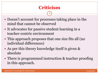 Criticism
 Doesn’t account for processes taking place in the
mind that cannot be observed
 It advocates for passive student learning in a
teacher-centric environment
 This approach proposes that one size fits all (no
individual differences)
 As per this theory knowledge itself is given &
absolute
 There is programmed instruction & teacher proofing
in this approach.
7/4/2019
8
Approaches to Learning (Dr. Ishrat Naaz)
 