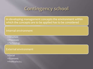 In developing management concepts the environment within
which the concepts are to be applied has to be considered
Internal environment
•Structure
•Processes
•Technology
External environment
•Social
•Economic
•Political e.t.c.
 