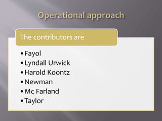 •Fayol
•Lyndall Urwick
•Harold Koontz
•Newman
•Mc Farland
•Taylor
The contributors are
 