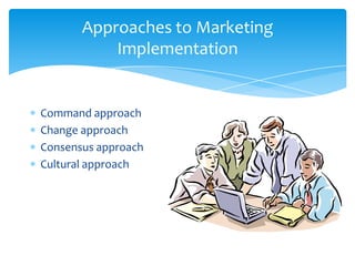 Approaches to Marketing
           Implementation


Command approach
Change approach
Consensus approach
Cultural approach
 