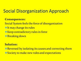 Social Disorganization Approach
Consequences:
Social System feels the forceof disorganization
⚫It maychange its rules
⚫Keepcontradictory rules in force
⚫Breaking down
Solution:
⚫Reversed by isolating itscausesand correcting them
⚫Society to make new rulesand expectations
 