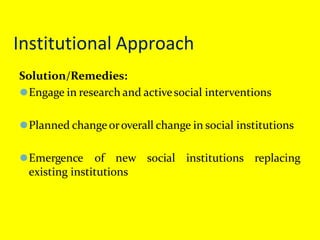Institutional Approach
Solution/Remedies:
⚫Engage in research and activesocial interventions
⚫Planned changeoroverall change in social institutions
⚫Emergence of new social institutions replacing
existing institutions
 