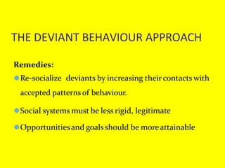 THE DEVIANT BEHAVIOUR APPROACH
Remedies:
⚫Re-socialize deviants by increasing their contacts with
accepted patternsof behaviour.
⚫Social systems must be less rigid, legitimate
⚫Opportunitiesand goalsshould be moreattainable
 