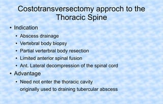 Costotransversectomy approch to the
Thoracic Spine
●

Indication
●
●

Vertebral body biopsy

●

Partial verterbral body resection

●

Limited anterior spinal fusion

●

●

Abscess drainage

Ant. Lateral decompression of the spinal cord

Advantage
●

Need not enter the thoracic cavity
originally used to draining tubercular abscess

 