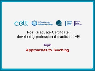 Post Graduate Certificate:
Presentation Titlepractice in HE
developing professional
                         Example
          Author: Simon Haslett
                Topic
              15th October 2009


     Approaches to Teaching
 