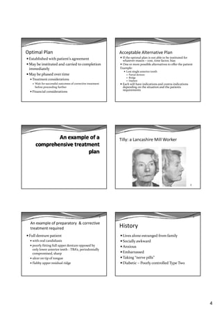 4
Optimal Plan
Established with patient’s agreement
May be instituted and carried to completion 
immediatelyimmediately
May be phased over time
Treatment considerations
Wait for successful outcomes of corrective treatment 
before proceeding further
Financial considerations
Acceptable Alternative Plan
If the optimal plan is not able to be instituted for 
whatever reason – cost, time factor, bias
One or more possible alternatives to offer the patient
Example:
Lost single anterior tooth
Partial denture
Bridge
Implant
Each will have indications and contra‐indications 
depending on the situation and the patients 
requirements
Tilly: a Lancashire Mill Worker
2
An example of preparatory  & corrective 
treatment required
Full denture patient
with oral candidiasis
l f f ll d d b
2
poorly fitting full upper denture opposed by 
only lower anterior teeth ‐ TBA’s, periodontally
compromised, sharp
ulcer on tip of tongue
flabby upper residual ridge
History
Lives alone estranged from family
Socially awkward
2
Anxious
Embarrassed
Taking “nerve pills”
Diabetic – Poorly controlled Type Two
 