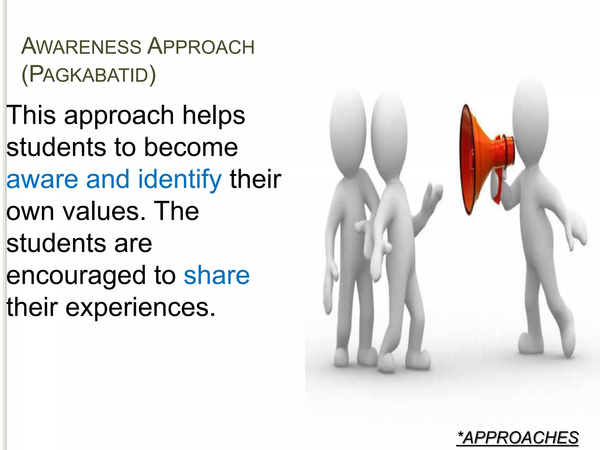 AWARENESS APPROACH
(PAGKABATID)
*APPROACHES
This approach helps
students to become
aware and identify their
own values. The
students are
encouraged to share
their experiences.
 