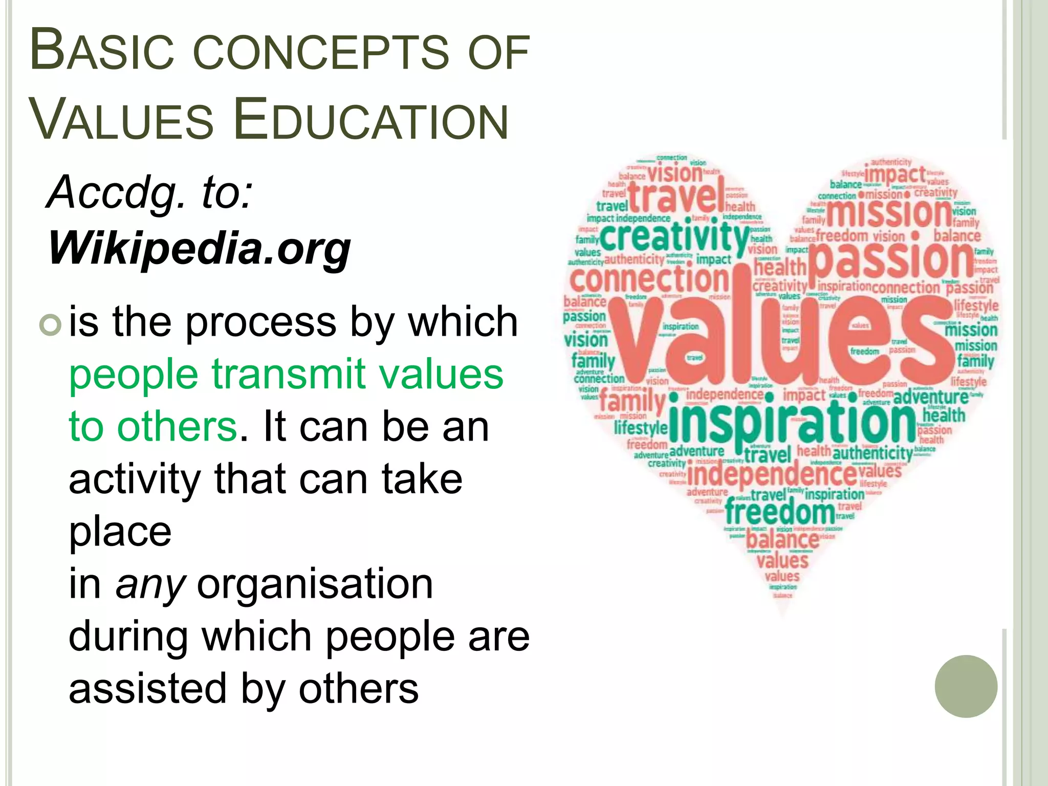 BASIC CONCEPTS OF
VALUES EDUCATION
is the process by which
people transmit values
to others. It can be an
activity that can take
place
in any organisation
during which people are
assisted by others
Accdg. to:
Wikipedia.org
 