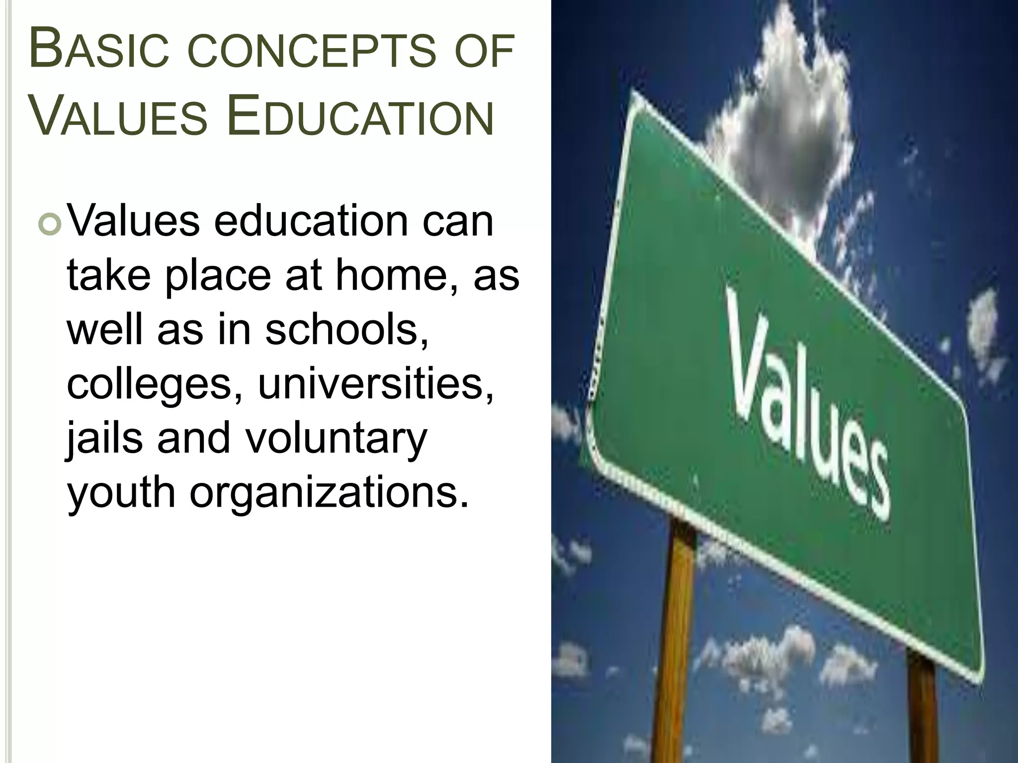 BASIC CONCEPTS OF
VALUES EDUCATION
Values education can
take place at home, as
well as in schools,
colleges, universities,
jails and voluntary
youth organizations.
 