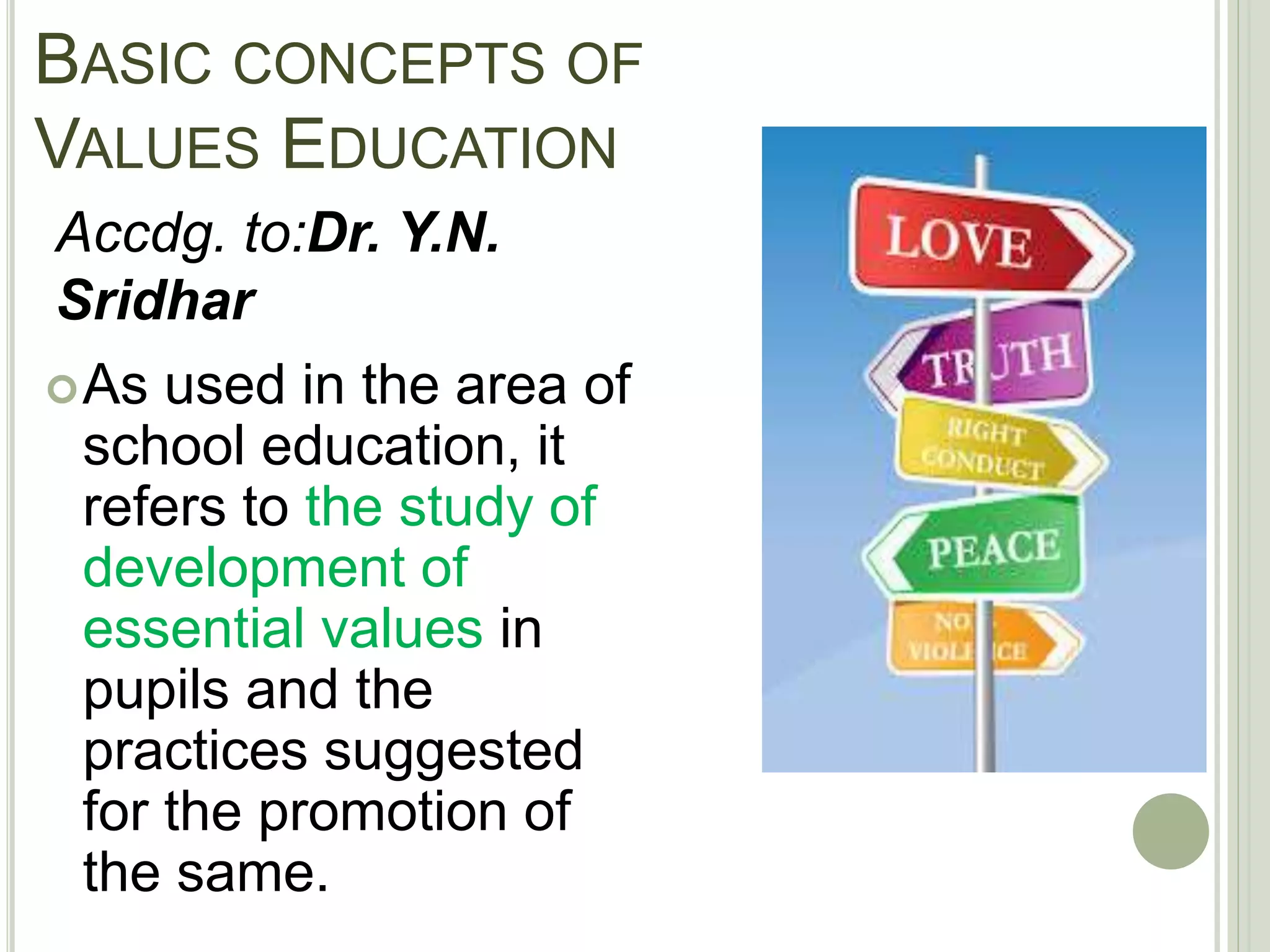 BASIC CONCEPTS OF
VALUES EDUCATION
As used in the area of
school education, it
refers to the study of
development of
essential values in
pupils and the
practices suggested
for the promotion of
the same.
Accdg. to:Dr. Y.N.
Sridhar
 